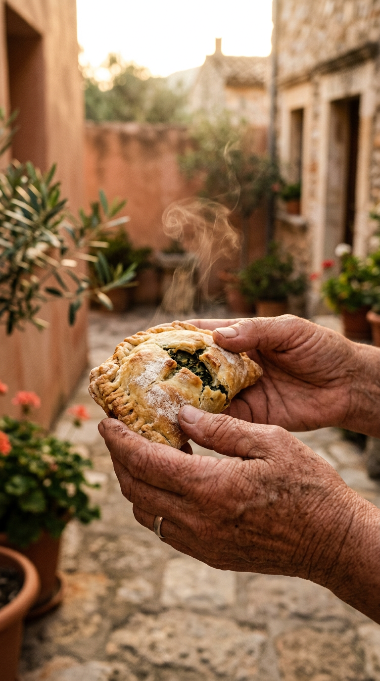 A hand-pie held fresh from the oven outside a stone village kitchen