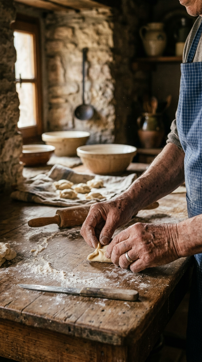 An artisan folding dough by hand on a worn wooden table in a stone kitchen